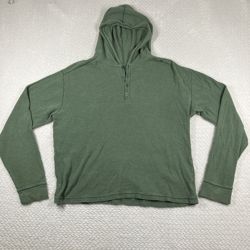 VTG 90's Y2K Old Navy Mens Hooded Henley Shirt Medium Green‎ Thermal Long Sleeve
